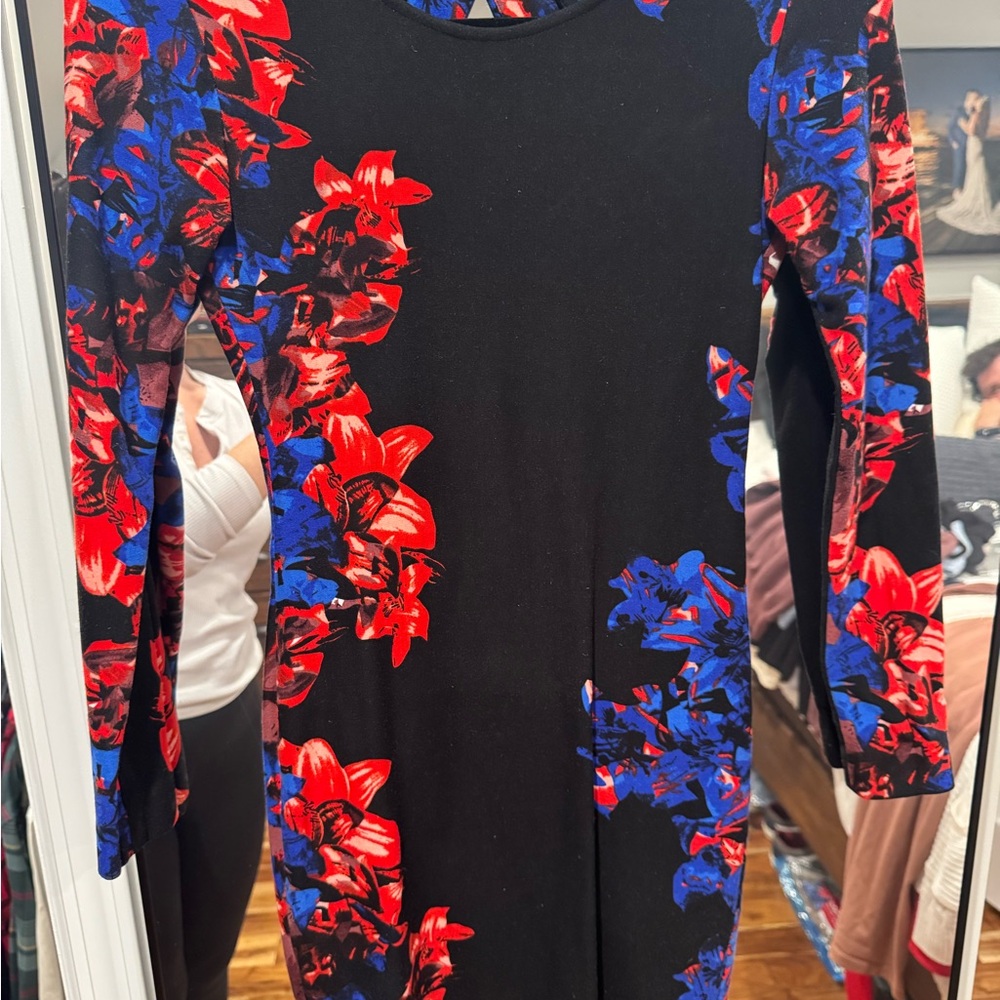 Parker Black Dress with Red and Blue Floral Design